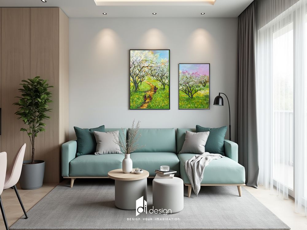 Phòng khách màu xanh sang trọng và tinh tế