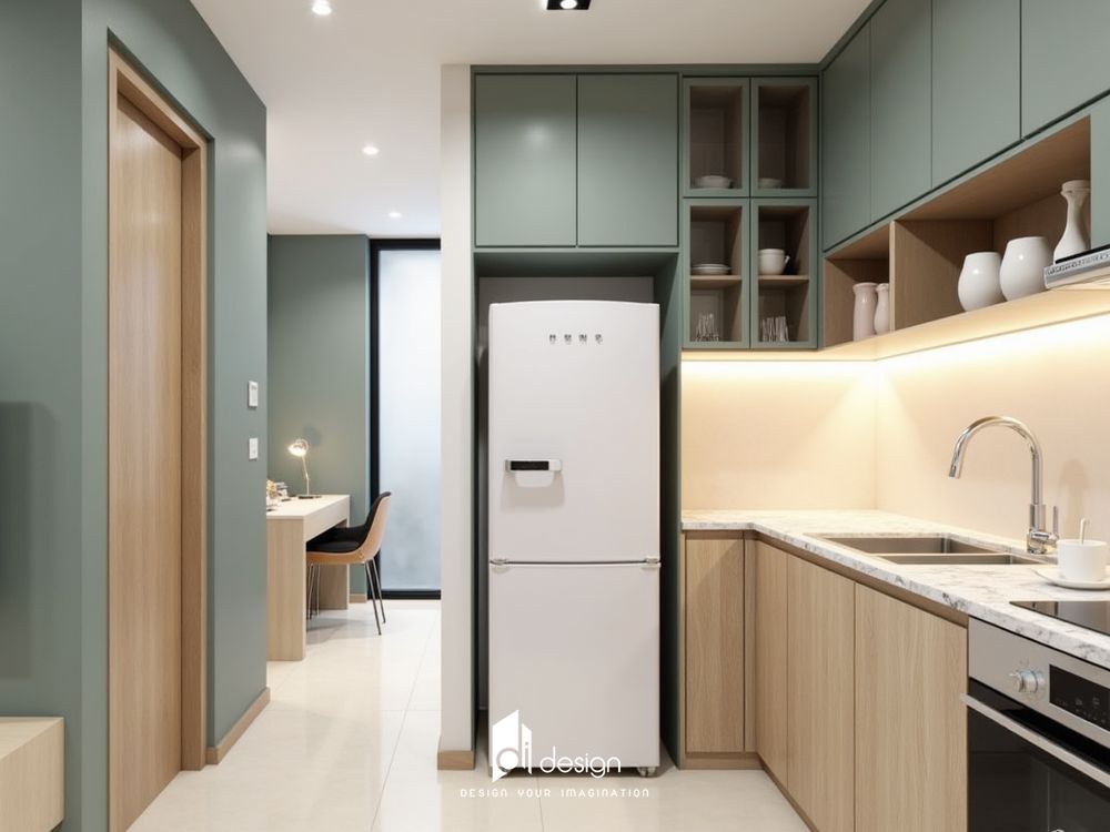 Thiết Kế Căn Hộ 57m2 Đơn Giản Hiện Đại Tông Màu Xanh Lá Cây Đậm