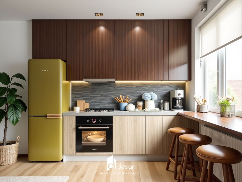 Thiết kế nội thất căn hộ studio cho thuê đẹp tông màu xanh lá mạ
