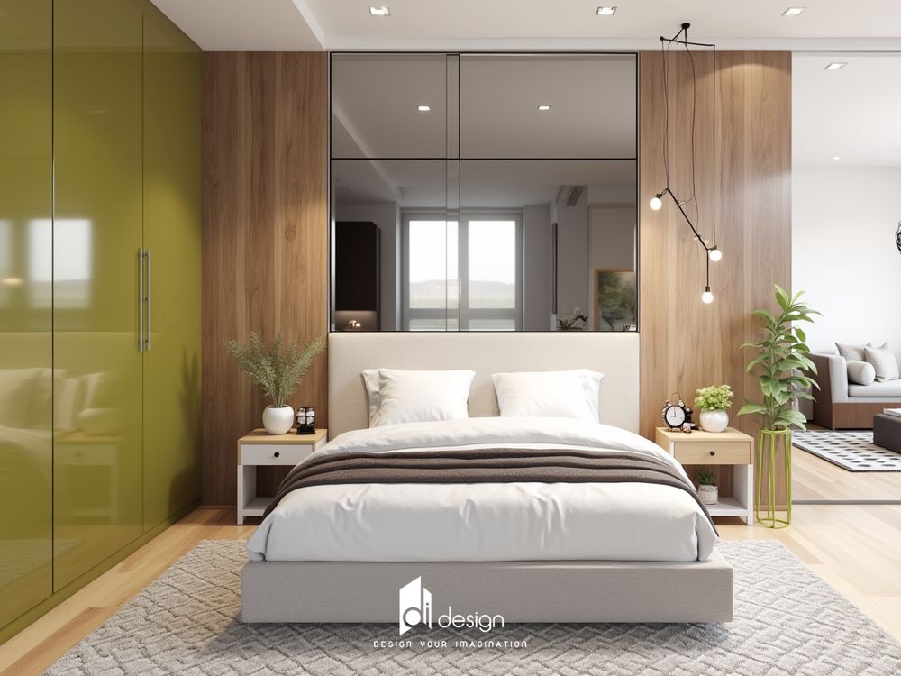 Thiết kế nội thất căn hộ studio cho thuê đẹp tông màu xanh lá mạ