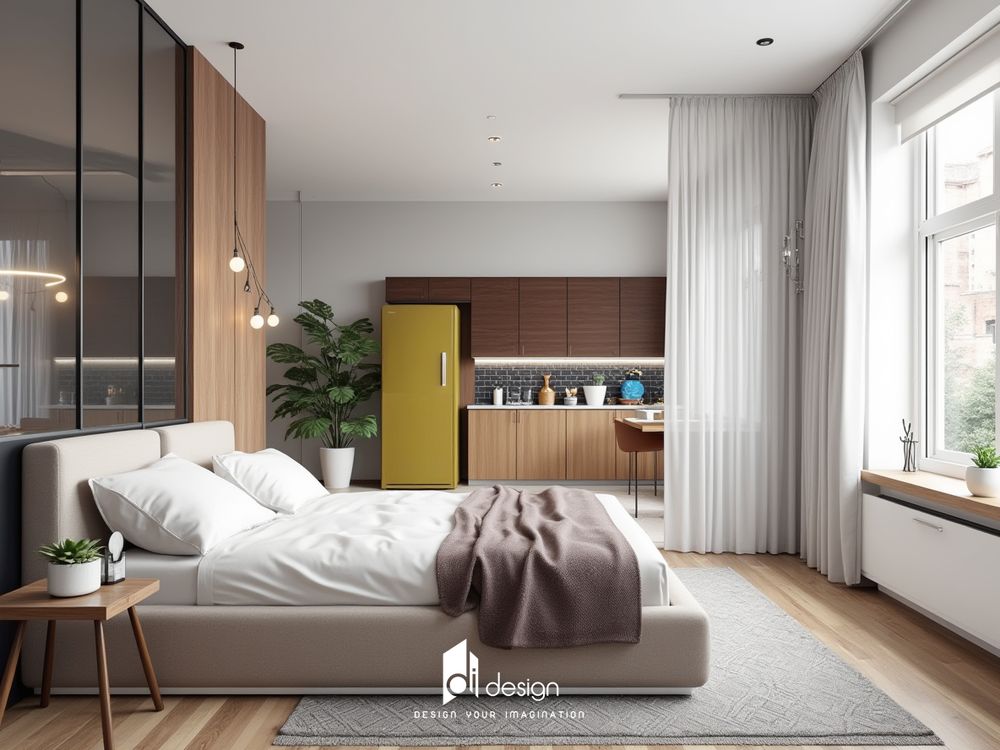 Thiết kế nội thất căn hộ studio cho thuê đẹp tông màu xanh lá mạ